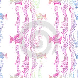 Fish, algae, vesicles - decorative composition. Watercolor. Seamless pattern. Use printed materials, signs, items, websites, maps,