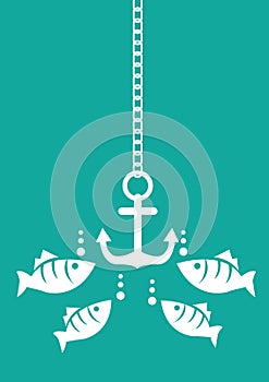 Fish and Anchor Underwater Vector Illustration