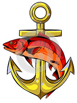 Fish anchor vector illustration line art quality