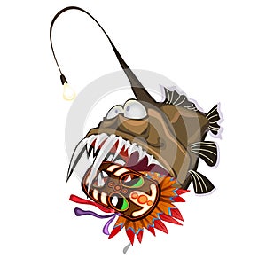 Fish an angler holds in the teeth an ancient tribal mask. Animals of the deep sea is isolated on a white background