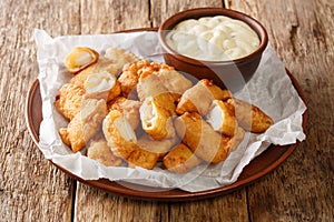 Fish appetizer consisting of deep-fried cod pieces and served with a dipping sauce closeup in the plate. Horizontal