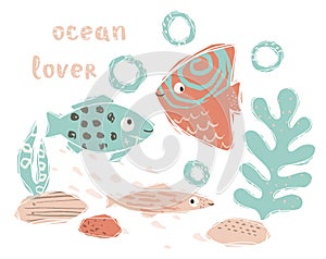 Fish baby cute print. Sweet sea animal. Ocean lover - text slogan.