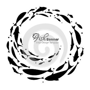 Fish banner swirl template design. Black circle school of fish. Logo template.