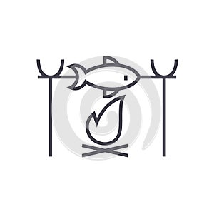 Fish barbecue on fire camping vector line icon, sign, illustration on background, editable strokes