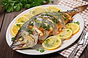 fish basted with lemon glaze, garnished with fresh parsley