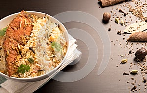 Fish Biryani in a white bowl