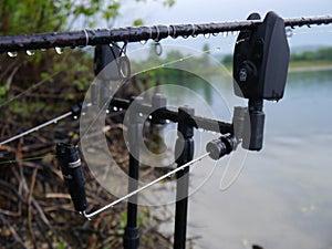 Fish bite alarm for carp fishing on the lakeshore