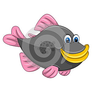 Fish black with pink fin fat and smile funny cartoon vector illustration