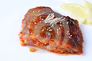 Fish boiled in spiced gochujang sauce.