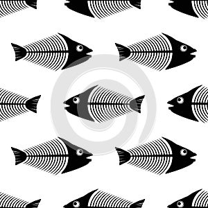 Fish Bone Skeleton Seamless Pattern. Sea Fishes Icons.
