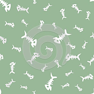 Fish bones seamless vector pattern. doodle dead Fish silhouettes on gray backdrop. cartoon fish Skeleton background