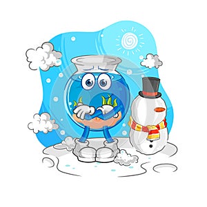 Fish bowl in cold winter character. cartoon mascot vector