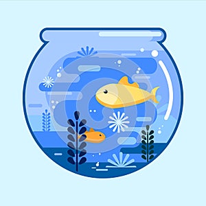 Fish bowl with gold fish in flat style. Round glass aquarium. Vector illustration design