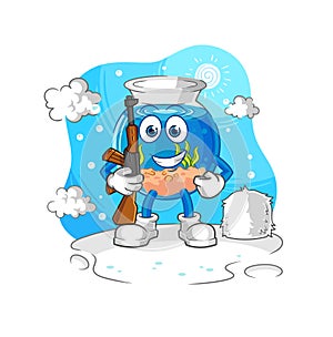Fish bowl soldier in winter. character mascot vector