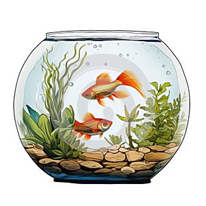 A fish bowl with two goldfishs in it. Circular water tank.