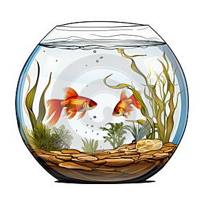 A fish bowl with two goldfishs in it. Circular water tank.