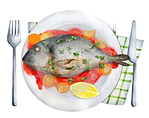 Fish bream cooked in crazy water. Watercolor illustraton