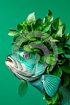 A fish with a bunch of leaves on its head