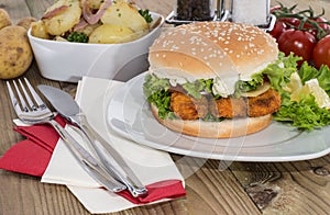 Fish Burger with fried Potatoes in a bowl