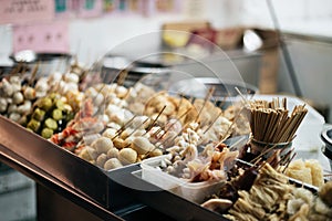 Fish cake and seafood skewer at Macau local street market