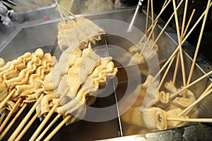 Fish cake skewer oden, Hot street food to stay warm.