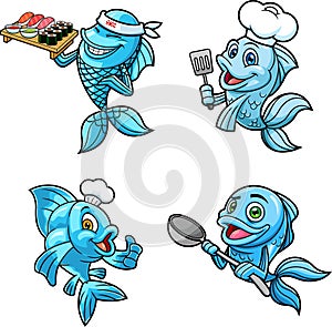 Fish Cartoon Characters. Vector Hand Drawn Collection Set