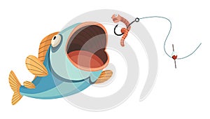 Fish catch. Cartoon fish catching the fishing lure. Jumping to catch a bait. Sports hobby. Fishing or hunting on worm