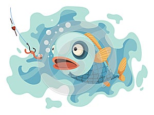 Fish catch. Cartoon fish catching the fishing lure. Jumping to catch a bait. Sports hobby. Fishing or hunting on worm