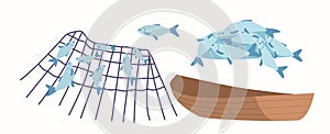 Fish Caught In Wooden Boat with Nets Isolated on White Background. Concept of Fishing Industry, Marine Conservation