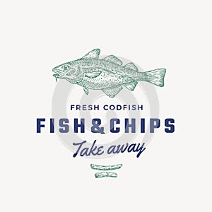 Fish and Chips Abstract Vector Sign, Symbol or Logo Template. Hand Drawn Cod Fish and Potato Fries with Classy Retro