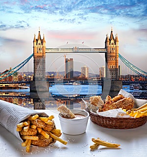 Fish and Chips against Tower Bridge in London, England