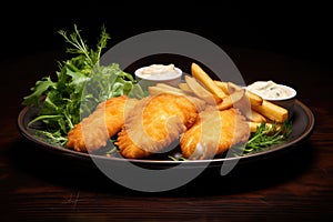 Fish and chips on a black plate with salad and tartar sauce, A delicious plate of two golden battered fish fillets served, AI
