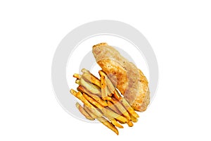 Fish and chips dish with french fries on wooden board. High quality Isolate, white background.