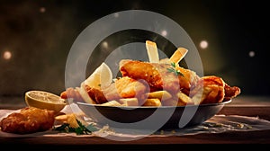 and Fish and chips with french fries. Fast food using AI generative and fast food concept