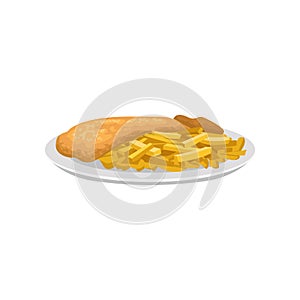 Fish and chips french fries on white plate. Traditional dish of English cuisine. Flat vector for recipe book, cafe or