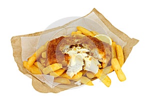 Fish And Chips Meal In Brown Paper Isolated