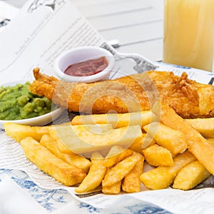 Fish and Chips with mushy peas served in the Pub