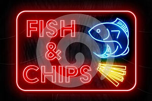 Fish & Chips Neon Sign on a Dark Wooden Wall