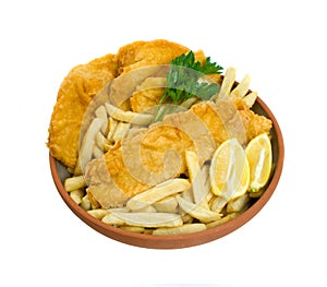 Fish, Chips and Potato Cakes over white background