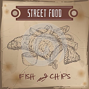 Fish and chips sketch on grunge background.