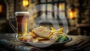 Fish Chips On Stone, Blurred Background, Rustic Pub. Generative AI