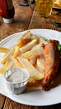 Fish and chips on a white ceramic plate