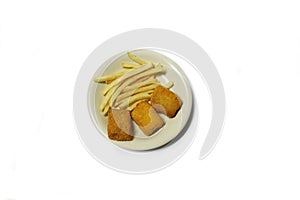 Fish & Chips on white dish with white background