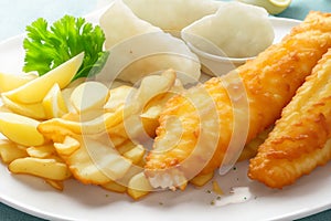 Fish and chips, White fish fillets in batter deep fried with potato chips