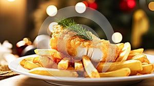 Fish and chips for winter holiday dinner, traditional British cuisine recipe in English country home, holidays