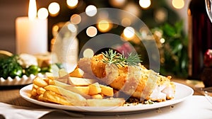 Fish and chips for winter holiday dinner, traditional British cuisine recipe in English country home, holidays