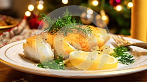 Fish and chips for winter holiday dinner, traditional British cuisine recipe in English country home, holidays