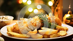 Fish and chips for winter holiday dinner, traditional British cuisine recipe in English country home, holidays celebration and