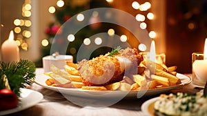 Fish and chips for winter holiday dinner, traditional British cuisine recipe in English country home, holidays celebration and