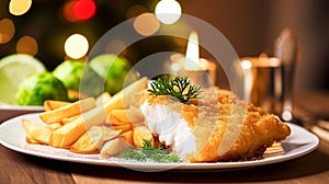 Fish and chips for winter holiday dinner, traditional British cuisine recipe in English country home, holidays celebration and